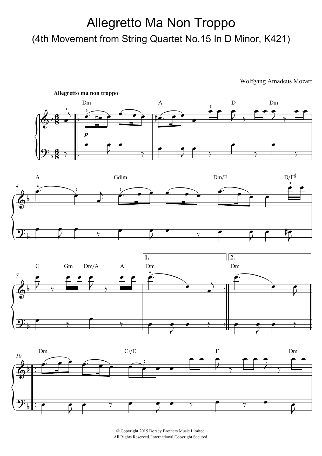 Wolfgang Amadeus Mozart Allegretto Ma Non Troppo (4th Movement from String Quartet No.15 In D Minor, K421) Sheet Music Notes & Chords for Beginner Piano - Download or Print PDF