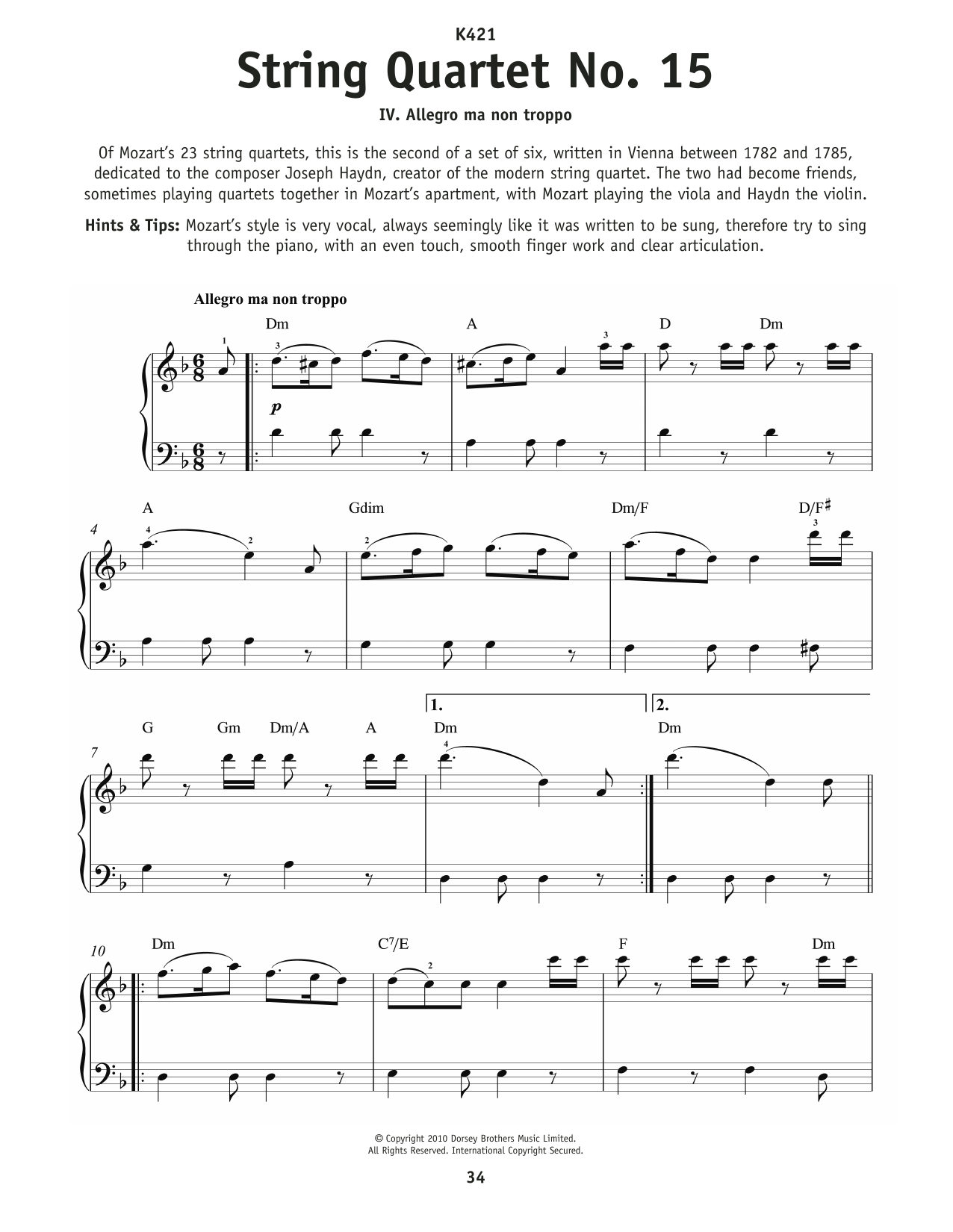 Wolfgang Amadeus Mozart Allegretto Na Non Troppo (4th movement from String Quartet No15 In D Minor, K421) Sheet Music Notes & Chords for Really Easy Piano - Download or Print PDF