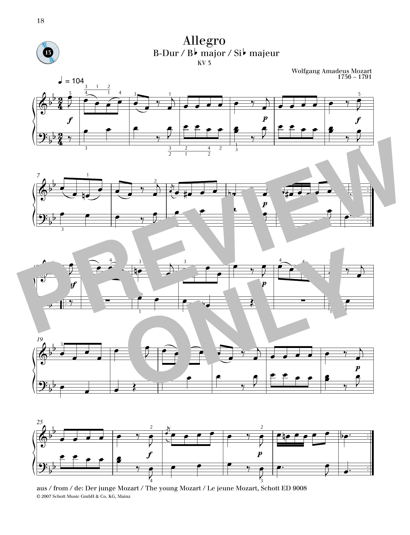 Wolfgang Amadeus Mozart Allegro B-flat major Sheet Music Notes & Chords for Piano Solo - Download or Print PDF