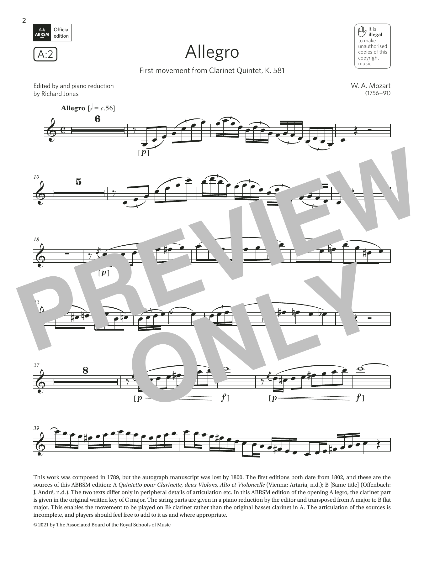 Wolfgang Amadeus Mozart Allegro (from Clarinet Quintet, K.581) (Grade 7 List A2 from the ABRSM Clarinet syllabus from 2022) Sheet Music Notes & Chords for Clarinet Solo - Download or Print PDF