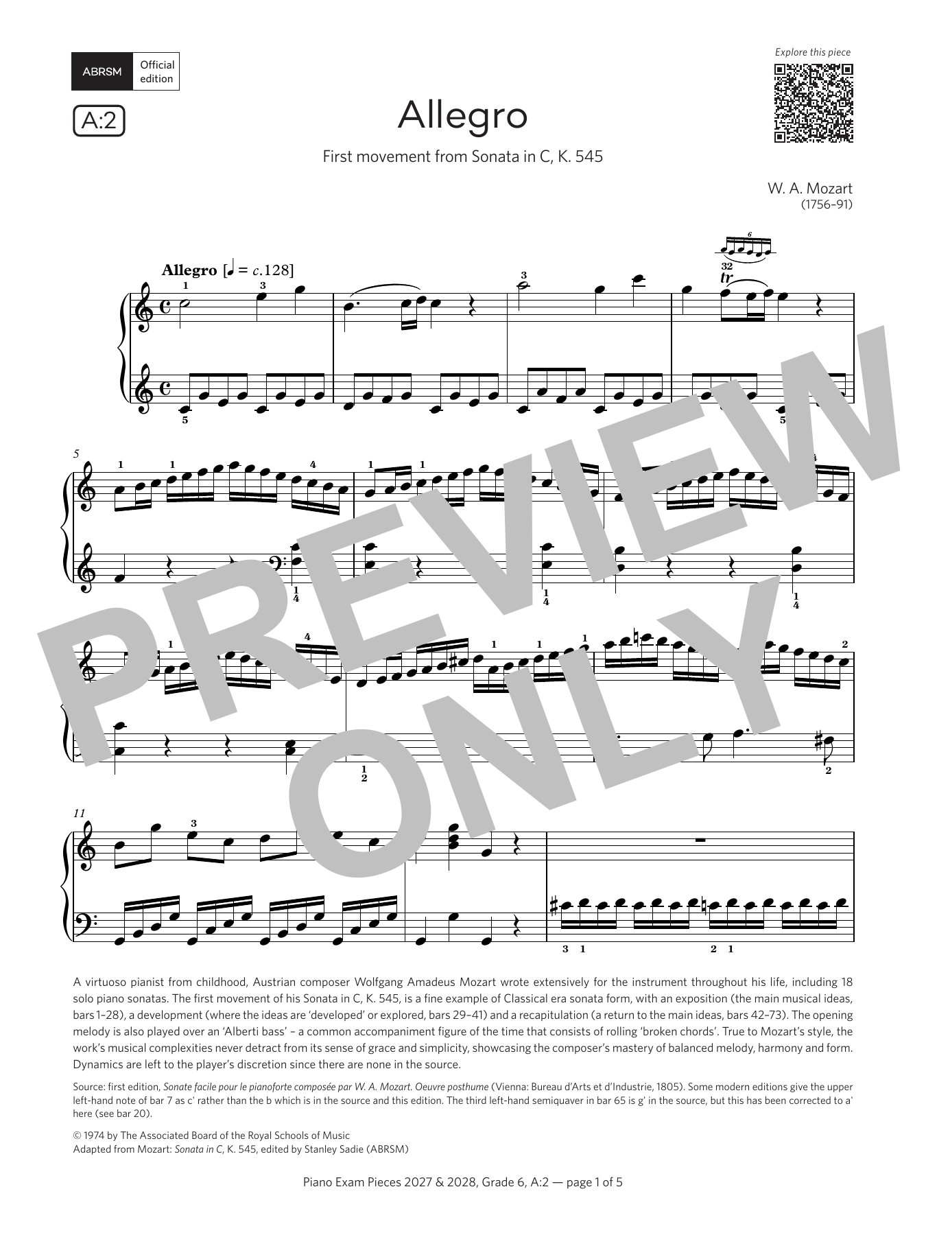 Wolfgang Amadeus Mozart Allegro (Grade 6, list A2, from the ABRSM Piano Syllabus 2027 & 2028) Sheet Music Notes & Chords for Piano Solo - Download or Print PDF