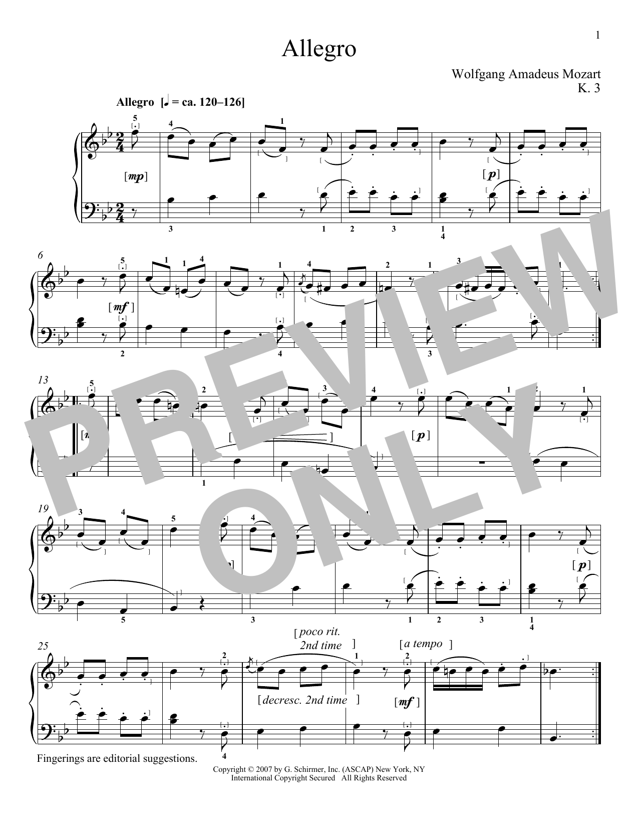 Wolfgang Amadeus Mozart Allegro In B Flat Major, K. 3 Sheet Music Notes & Chords for Piano - Download or Print PDF