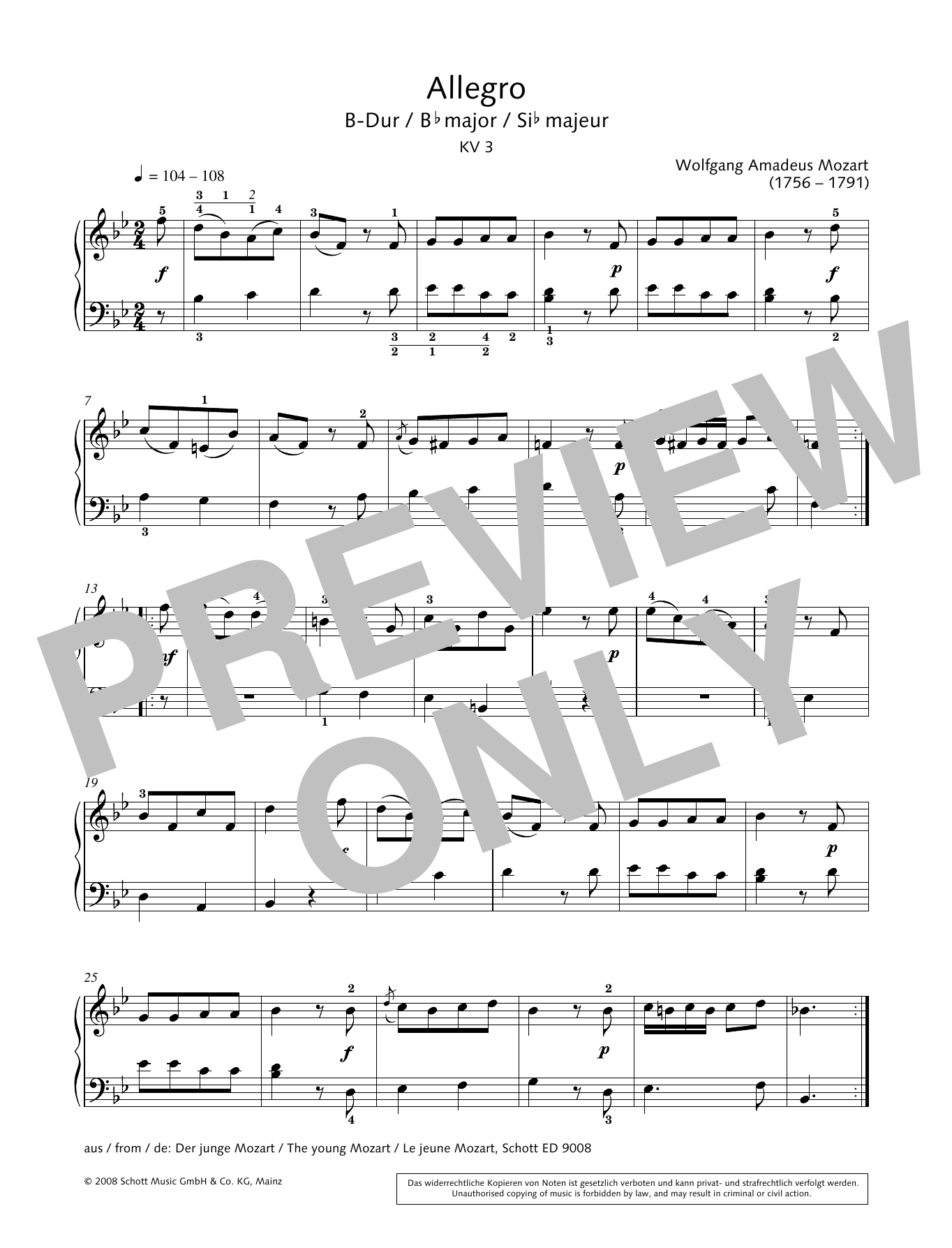 Wolfgang Amadeus Mozart Allegro in B-flat major Sheet Music Notes & Chords for Piano Solo - Download or Print PDF