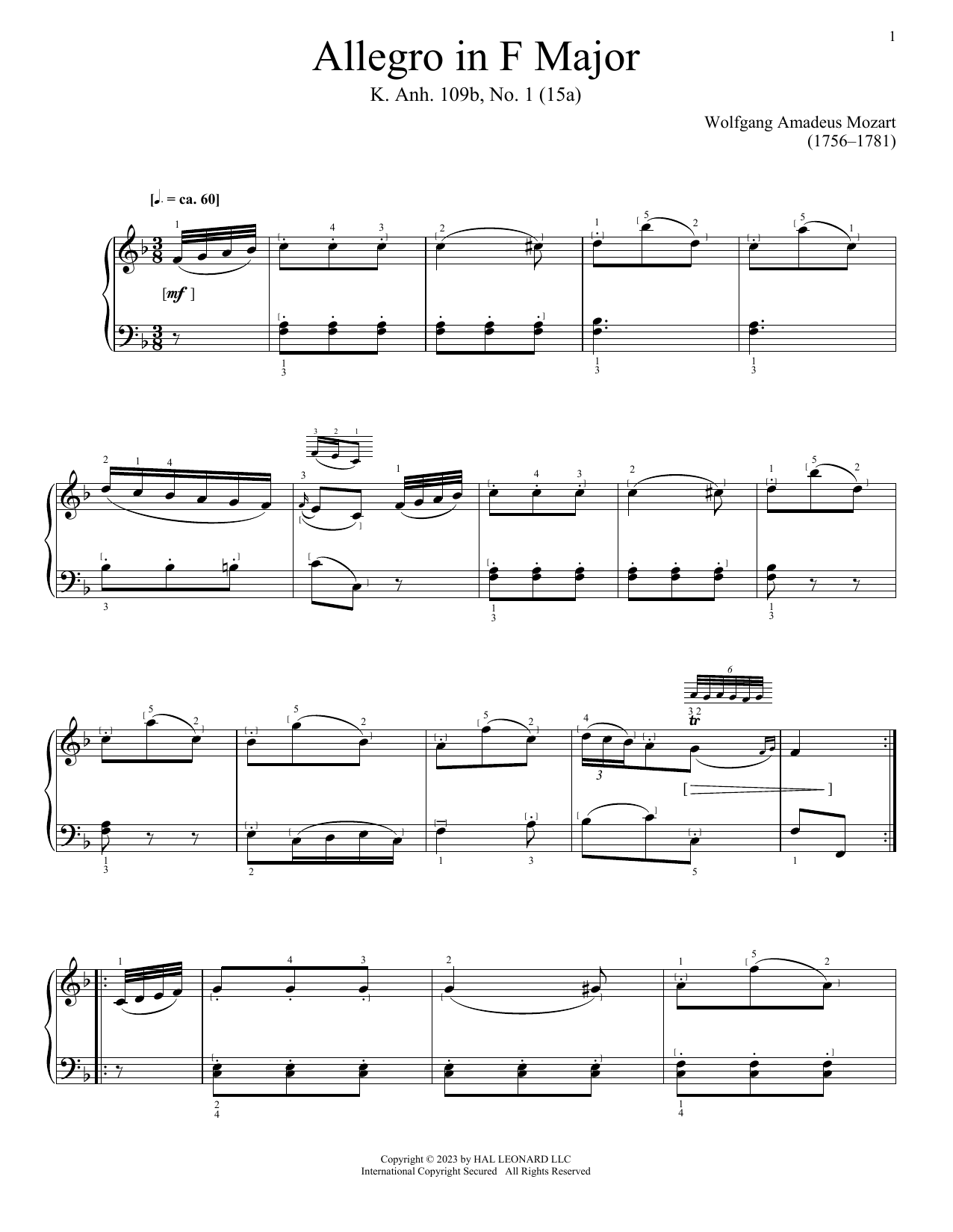 Wolfgang Amadeus Mozart Allegro in F Major, K. Anh. 109, No. 1 (15a) Sheet Music Notes & Chords for Piano Solo - Download or Print PDF