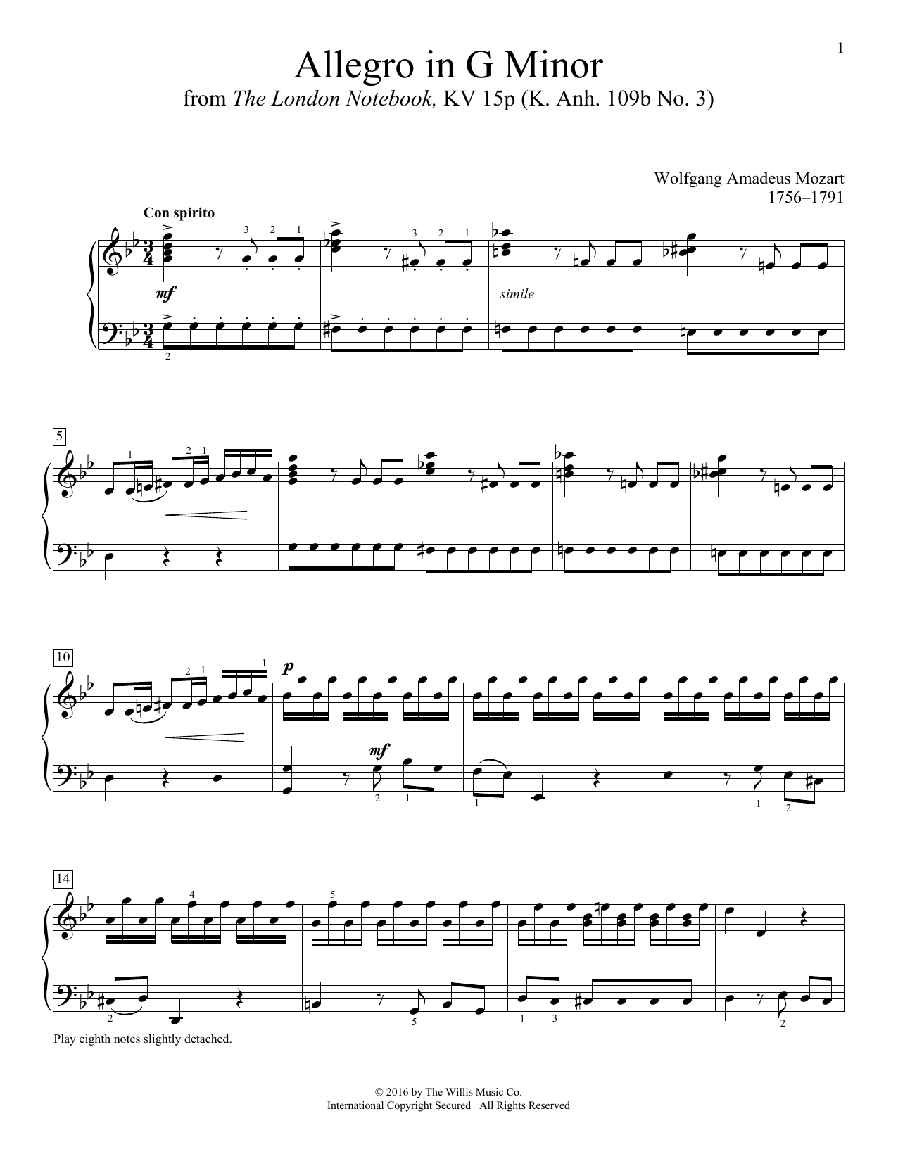 Wolfgang Amadeus Mozart Allegro In G Minor Sheet Music Notes & Chords for Educational Piano - Download or Print PDF