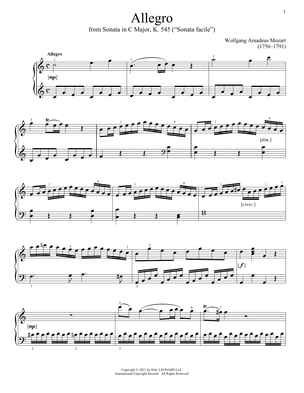 Wolfgang Amadeus Mozart Allegro, K. 545 Sheet Music Notes & Chords for Piano Solo - Download or Print PDF