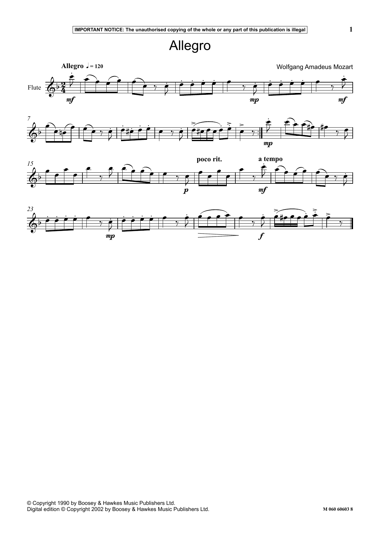 Wolfgang Amadeus Mozart Allegro Sheet Music Notes & Chords for Woodwind Solo - Download or Print PDF