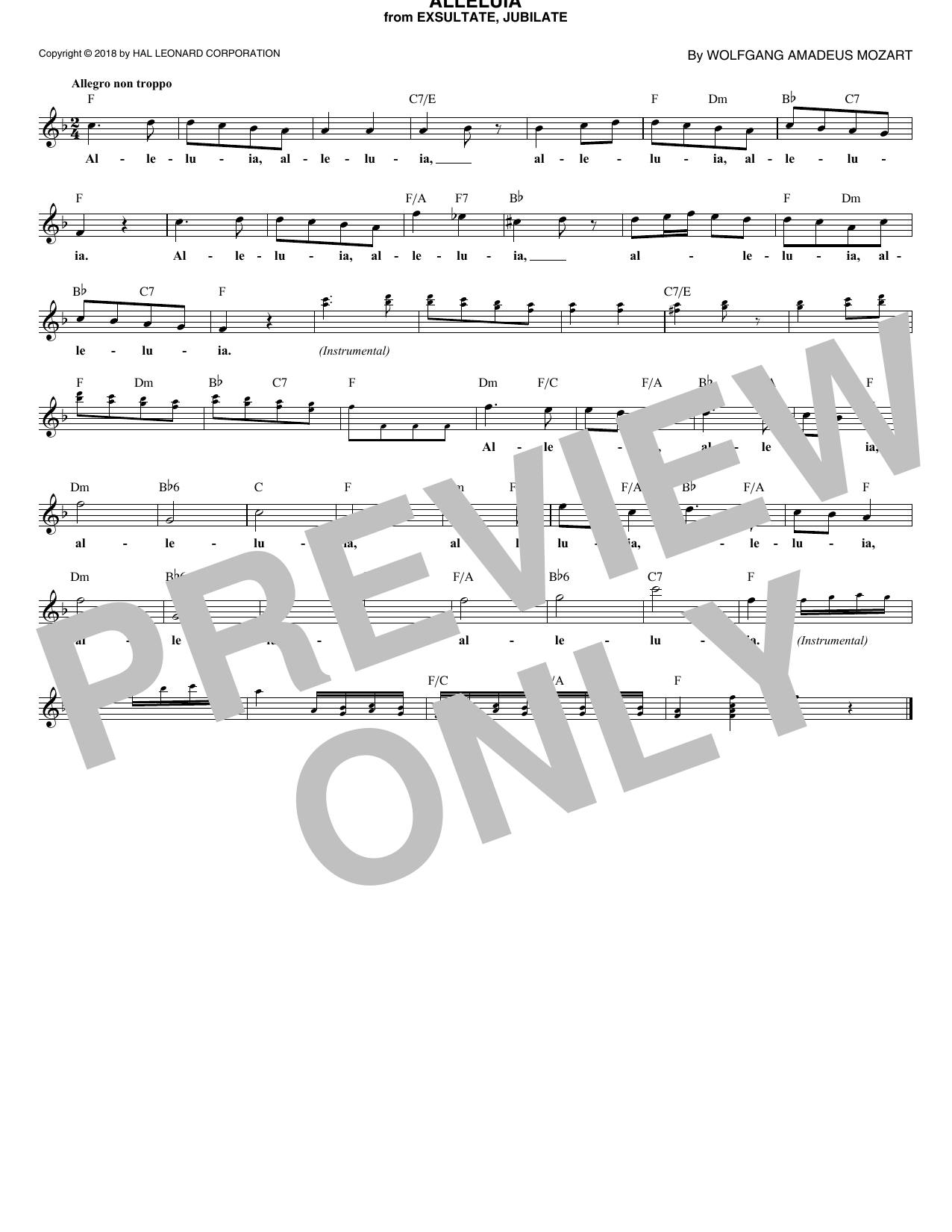 Wolfgang Amadeus Mozart Alleluia, K. 165 Sheet Music Notes & Chords for Lead Sheet / Fake Book - Download or Print PDF