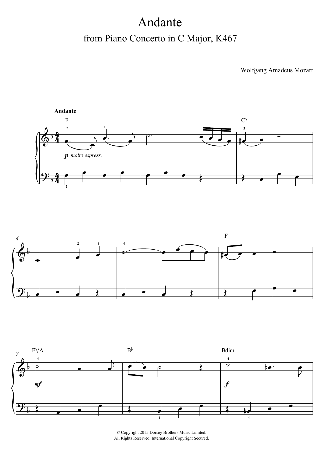 Wolfgang Amadeus Mozart Andante from Piano Concerto in C Major (Elvira Madigan) K467 Sheet Music Notes & Chords for Beginner Piano - Download or Print PDF