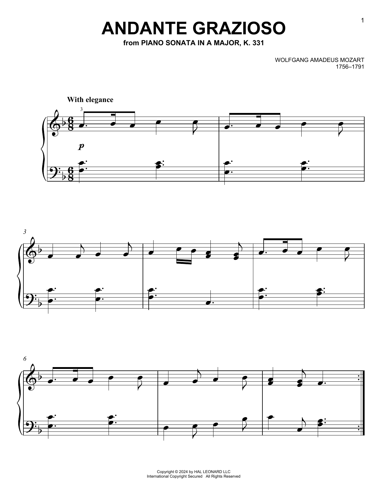 Wolfgang Amadeus Mozart Andante Grazioso, K. 331 (Theme) Sheet Music Notes & Chords for Easy Piano - Download or Print PDF