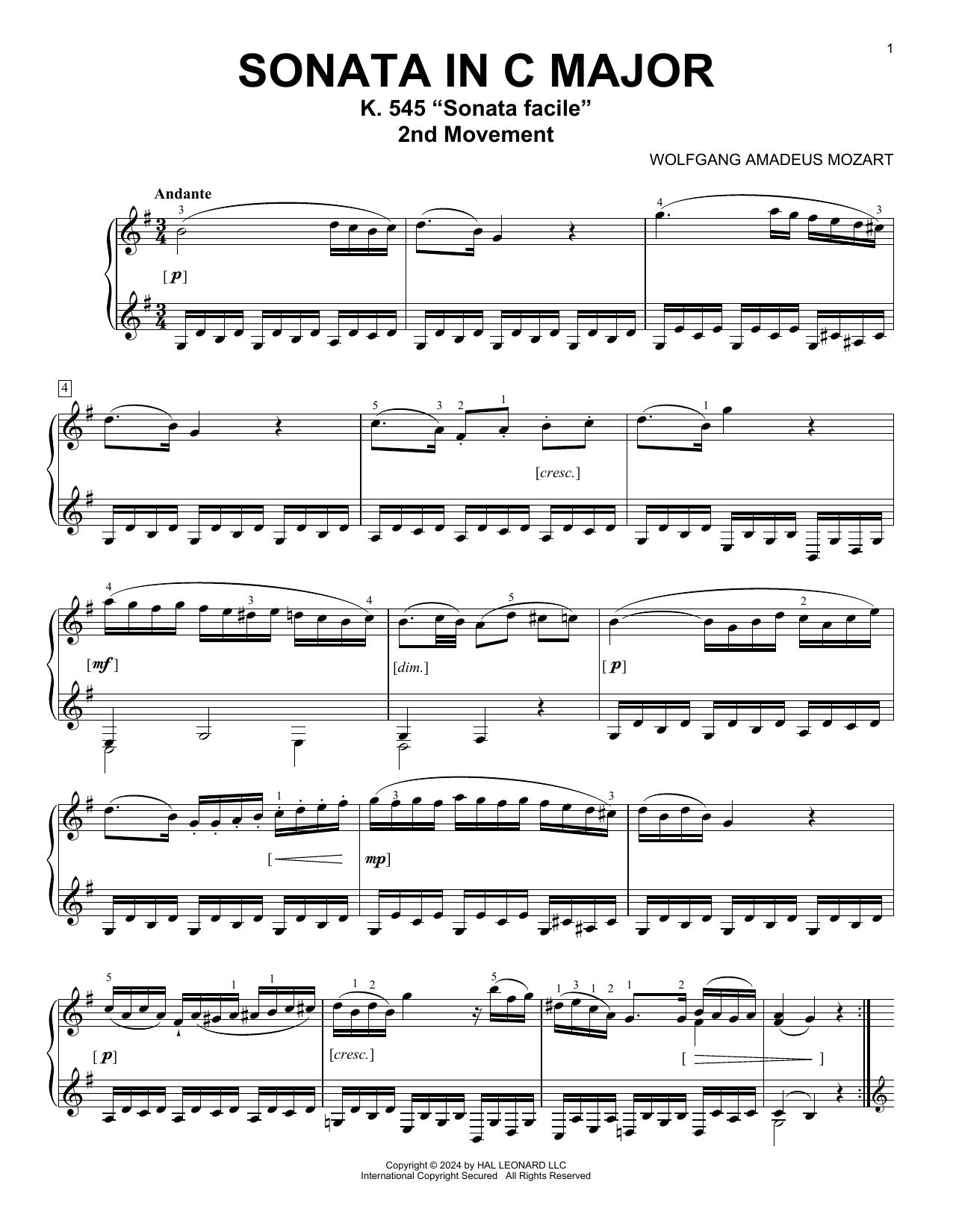Wolfgang Amadeus Mozart Andante In G Major, K. 545 Sheet Music Notes & Chords for Piano Solo - Download or Print PDF