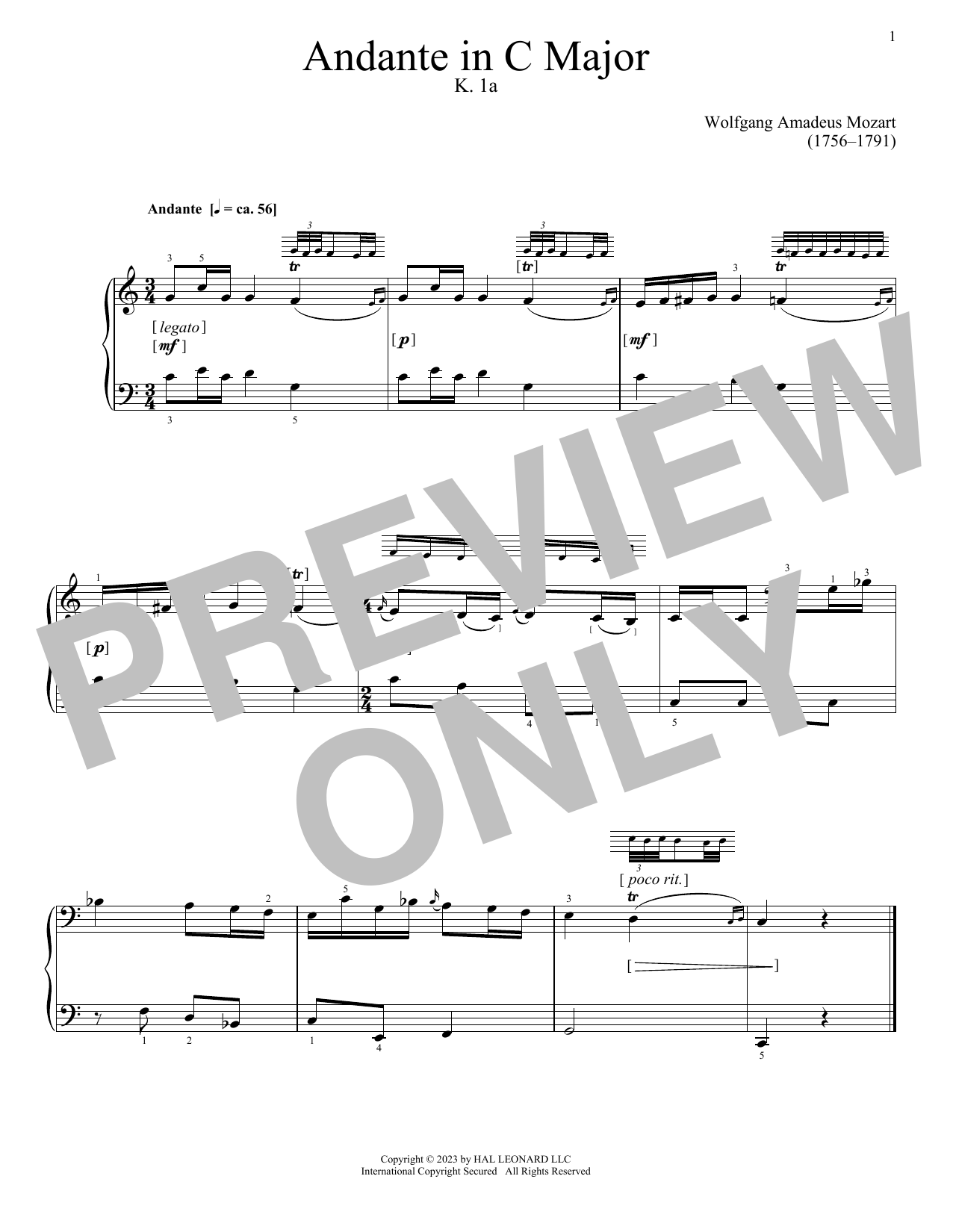 Wolfgang Amadeus Mozart Andante, K. 1A Sheet Music Notes & Chords for Piano Solo - Download or Print PDF
