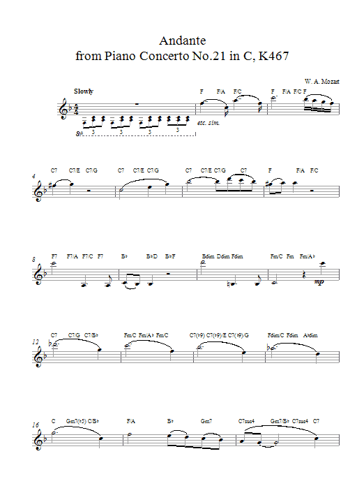 Wolfgang Amadeus Mozart Andante from Piano Concerto in C Major (Elvira Madigan) K467 Sheet Music Notes & Chords for Melody Line & Chords - Download or Print PDF