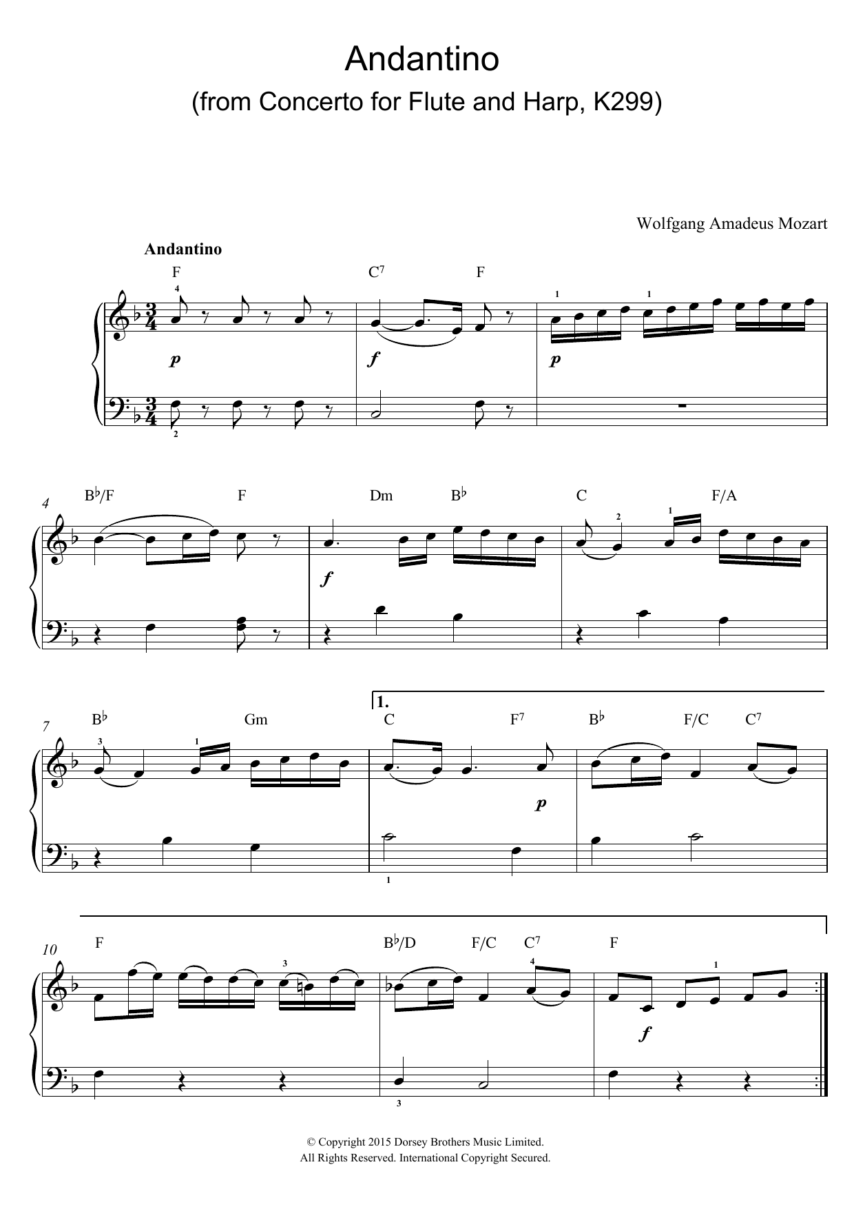 Wolfgang Amadeus Mozart Andantino (from Concerto for Flute and Harp, K299) Sheet Music Notes & Chords for Beginner Piano - Download or Print PDF