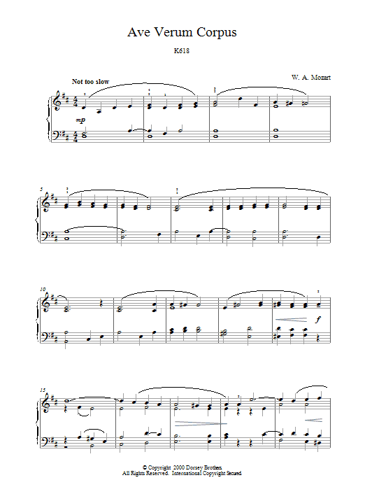 Wolfgang Amadeus Mozart Ave Verum Corpus, K618 Sheet Music Notes & Chords for Alto Saxophone - Download or Print PDF