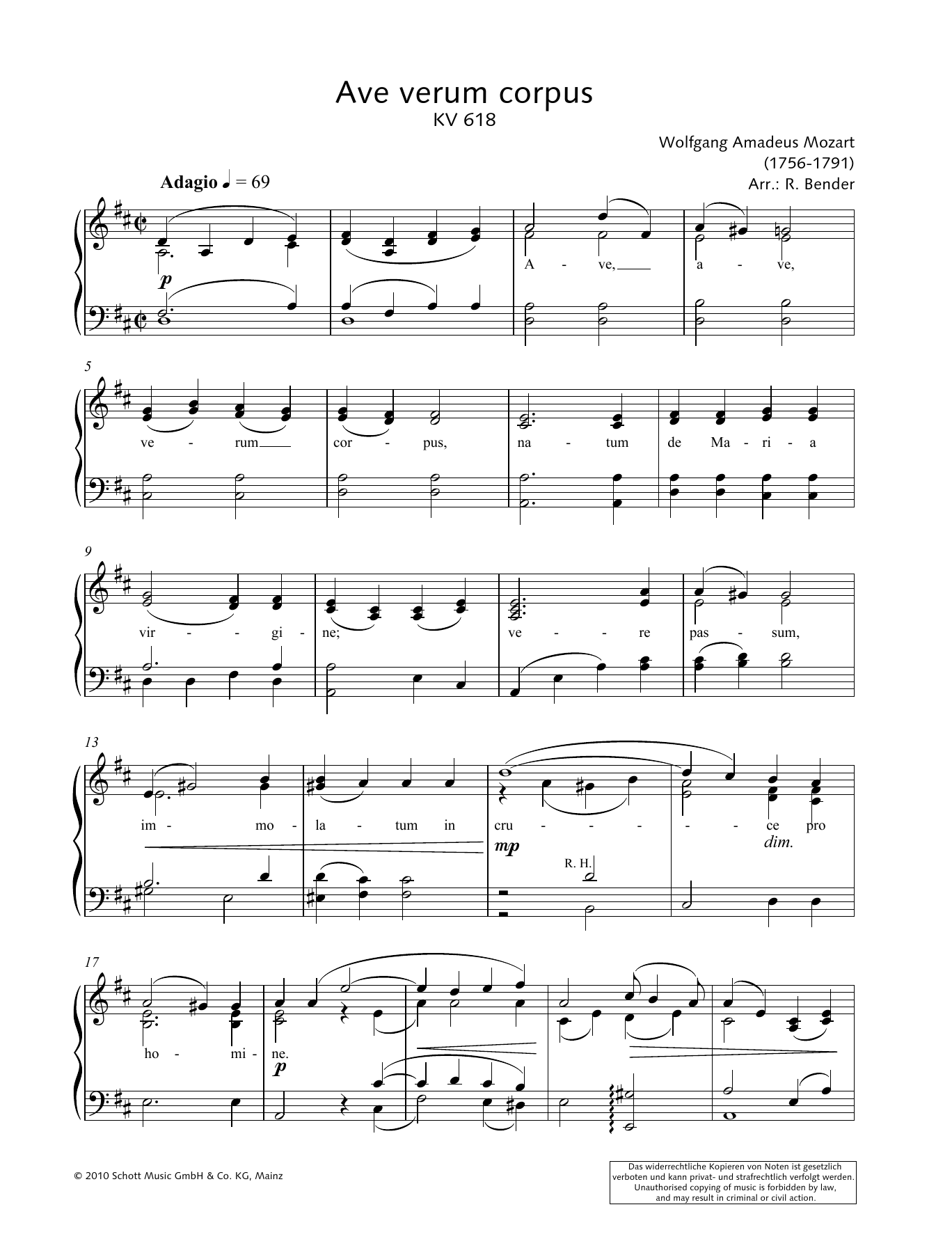 Wolfgang Amadeus Mozart Ave Verum Corpus Sheet Music Notes & Chords for Piano Solo - Download or Print PDF