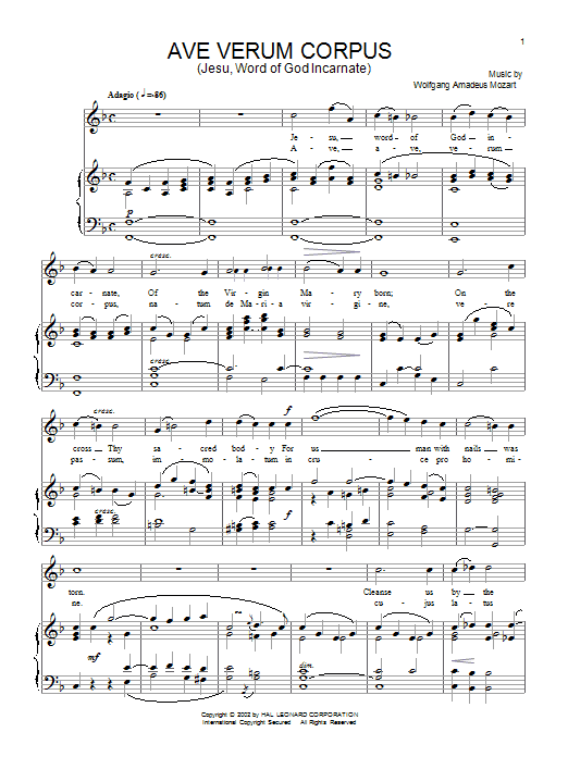 Wolfgang Amadeus Mozart Ave Verum (Jesu, Word of God Incarnate) Sheet Music Notes & Chords for Piano - Download or Print PDF