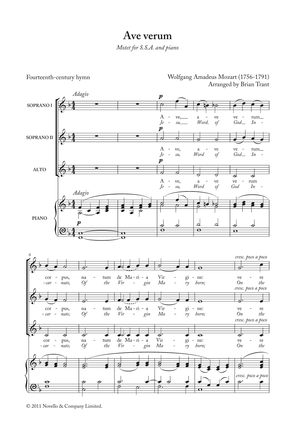 Wolfgang Amadeus Mozart Ave Verum Sheet Music Notes & Chords for SSA Choir - Download or Print PDF