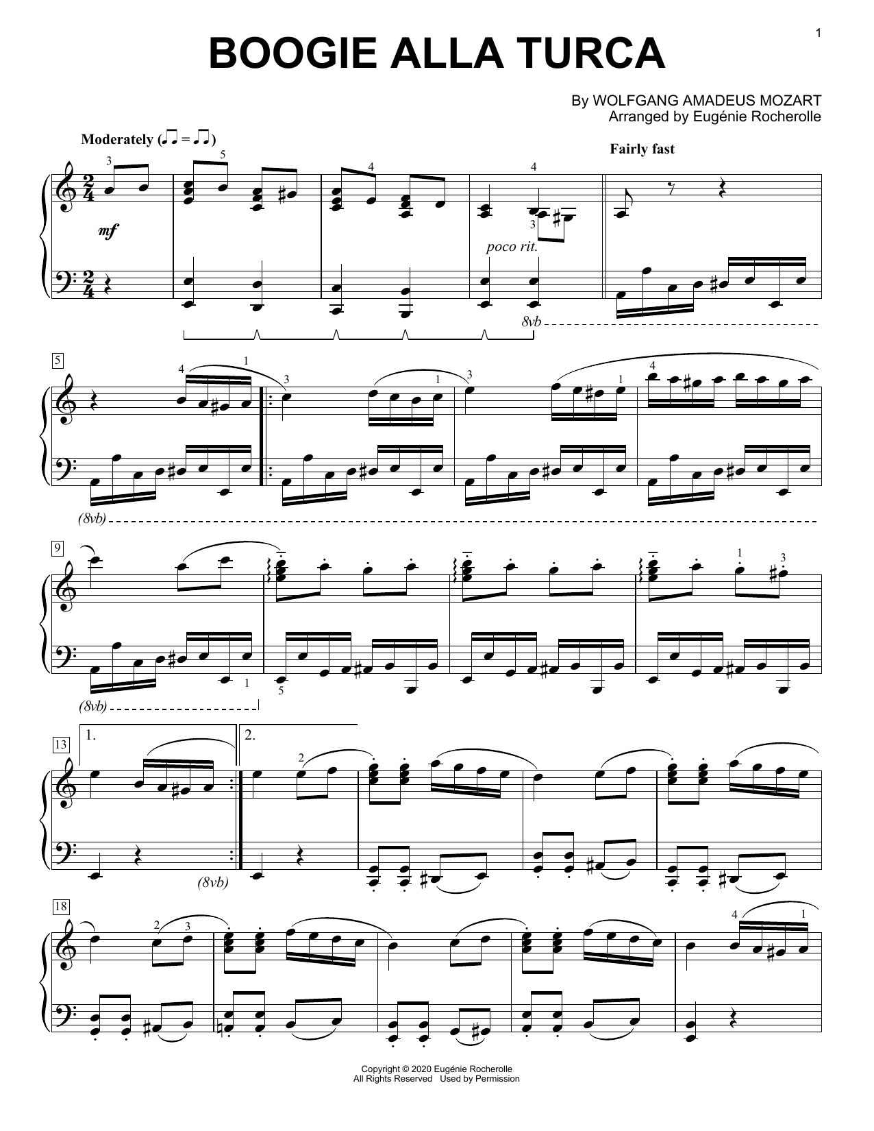 Wolfgang Amadeus Mozart Boogie Alla Turca [Boogie-woogie version] (arr. Eugénie Rocherolle) Sheet Music Notes & Chords for Piano Solo - Download or Print PDF