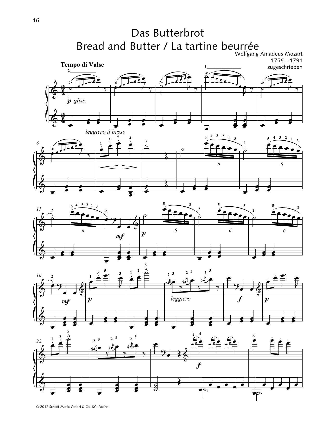 Wolfgang Amadeus Mozart Bread and Butter Sheet Music Notes & Chords for Piano Solo - Download or Print PDF