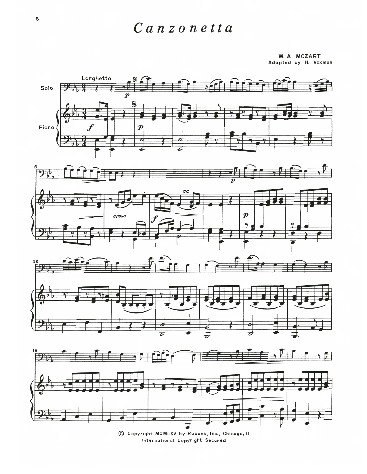 Wolfgang Amadeus Mozart Canzonetta Sheet Music Notes & Chords for Trombone and Piano - Download or Print PDF
