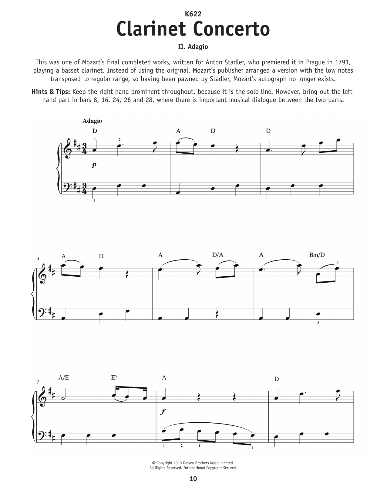 Wolfgang Amadeus Mozart Clarinet Concerto, K. 622, 2nd Mvt. Sheet Music Notes & Chords for Really Easy Piano - Download or Print PDF