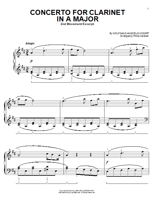 Wolfgang Amadeus Mozart Concerto for Clarinet in A Major, Second Movement Excerpt (from Out of Africa) (arr. Phillip Keveren Sheet Music Notes & Chords for Easy Piano - Download or Print PDF