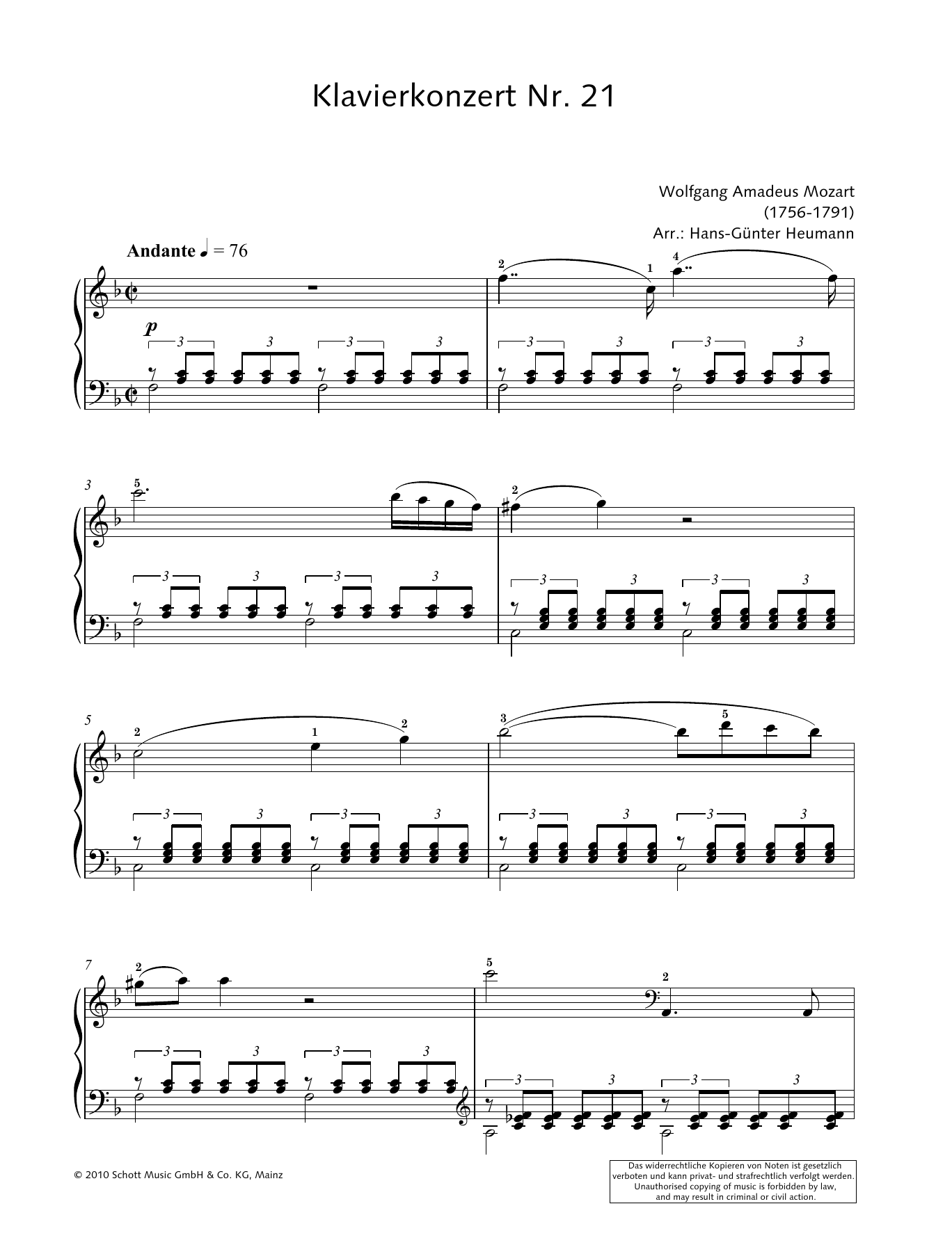 Wolfgang Amadeus Mozart Concerto for Piano and Orchestra No. 21 in C major Sheet Music Notes & Chords for Piano Solo - Download or Print PDF