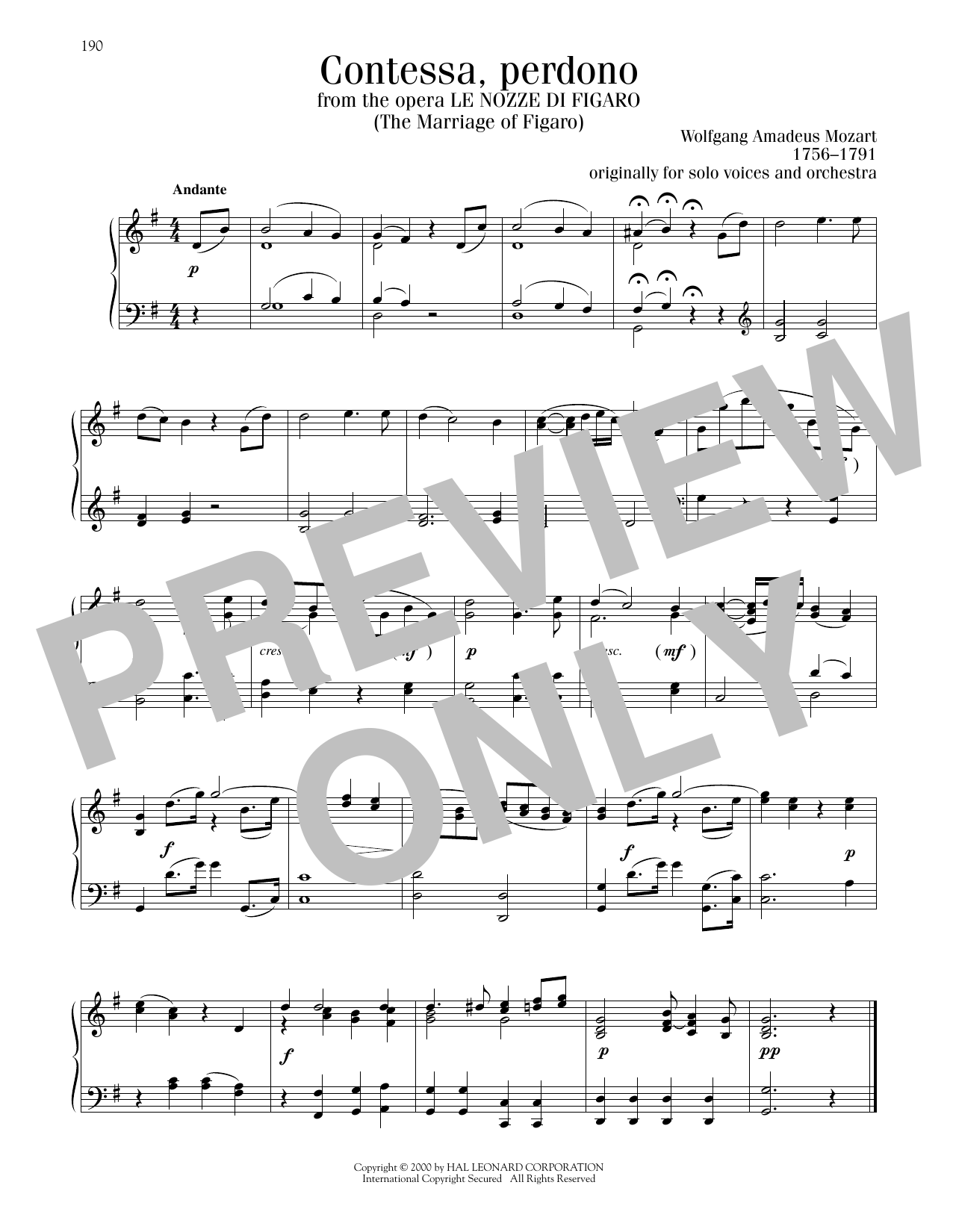 Wolfgang Amadeus Mozart Contessa Perdono Sheet Music Notes & Chords for Piano Solo - Download or Print PDF
