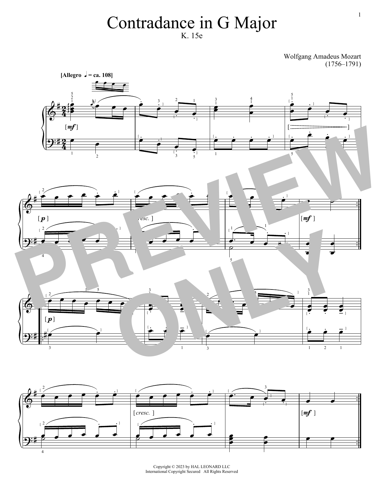 Wolfgang Amadeus Mozart Contradance In G Major, K. 15e Sheet Music Notes & Chords for Piano Solo - Download or Print PDF