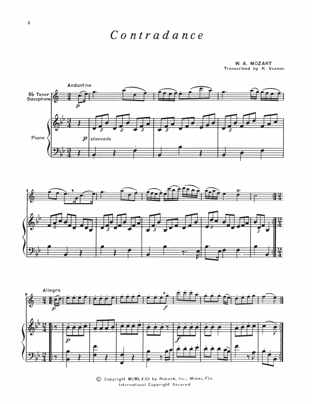 Wolfgang Amadeus Mozart Contradance Sheet Music Notes & Chords for Tenor Sax and Piano - Download or Print PDF