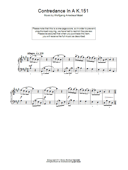 Wolfgang Amadeus Mozart Contredance In A K.151 Sheet Music Notes & Chords for Easy Piano - Download or Print PDF