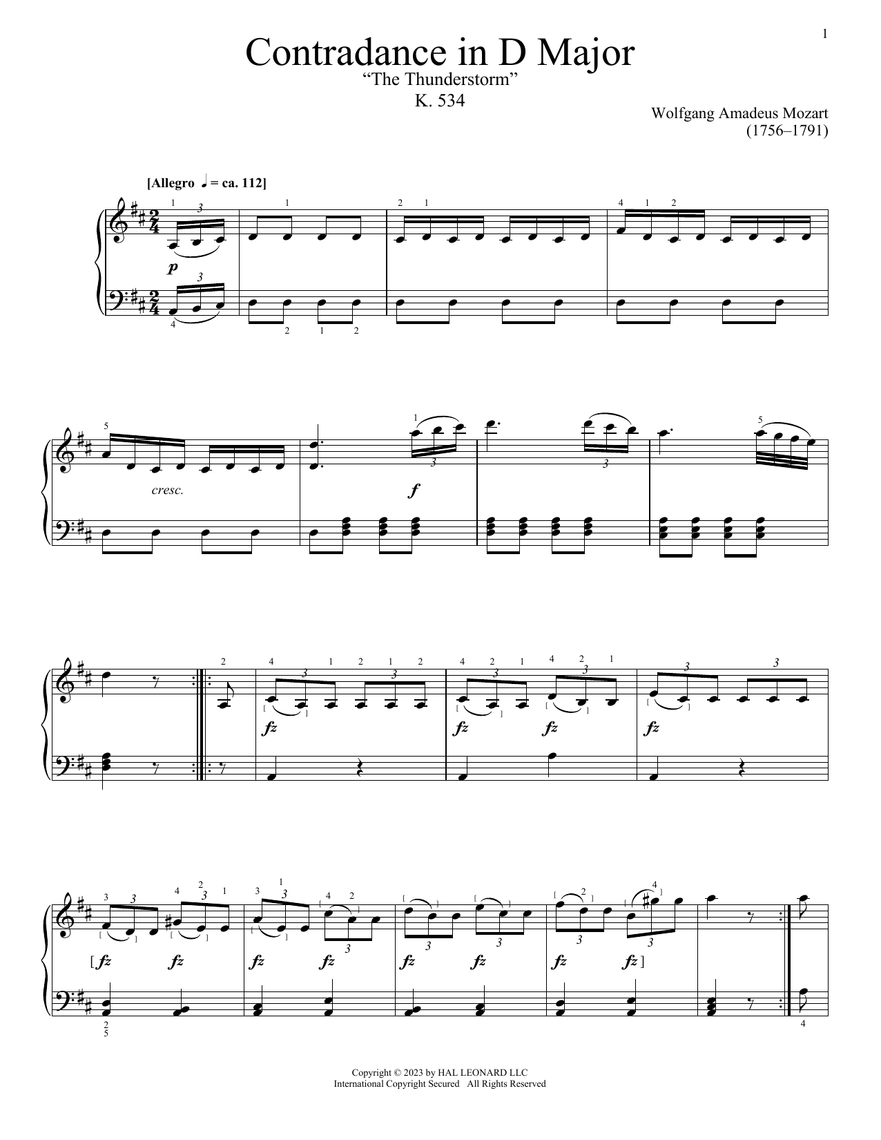 Wolfgang Amadeus Mozart Contredance In D Major, K. 534 Sheet Music Notes & Chords for Piano Solo - Download or Print PDF