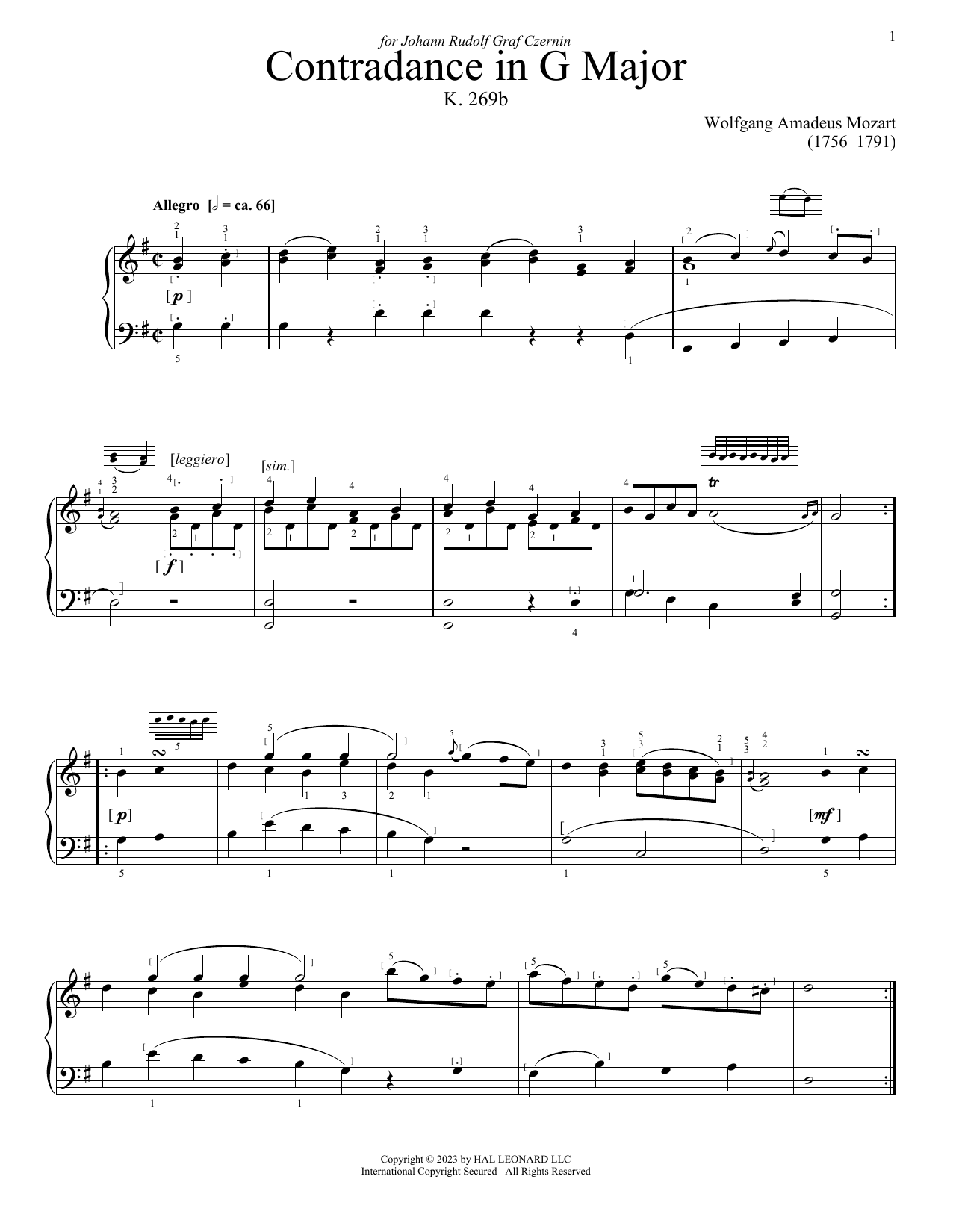 Wolfgang Amadeus Mozart Contredance Sheet Music Notes & Chords for Piano Solo - Download or Print PDF