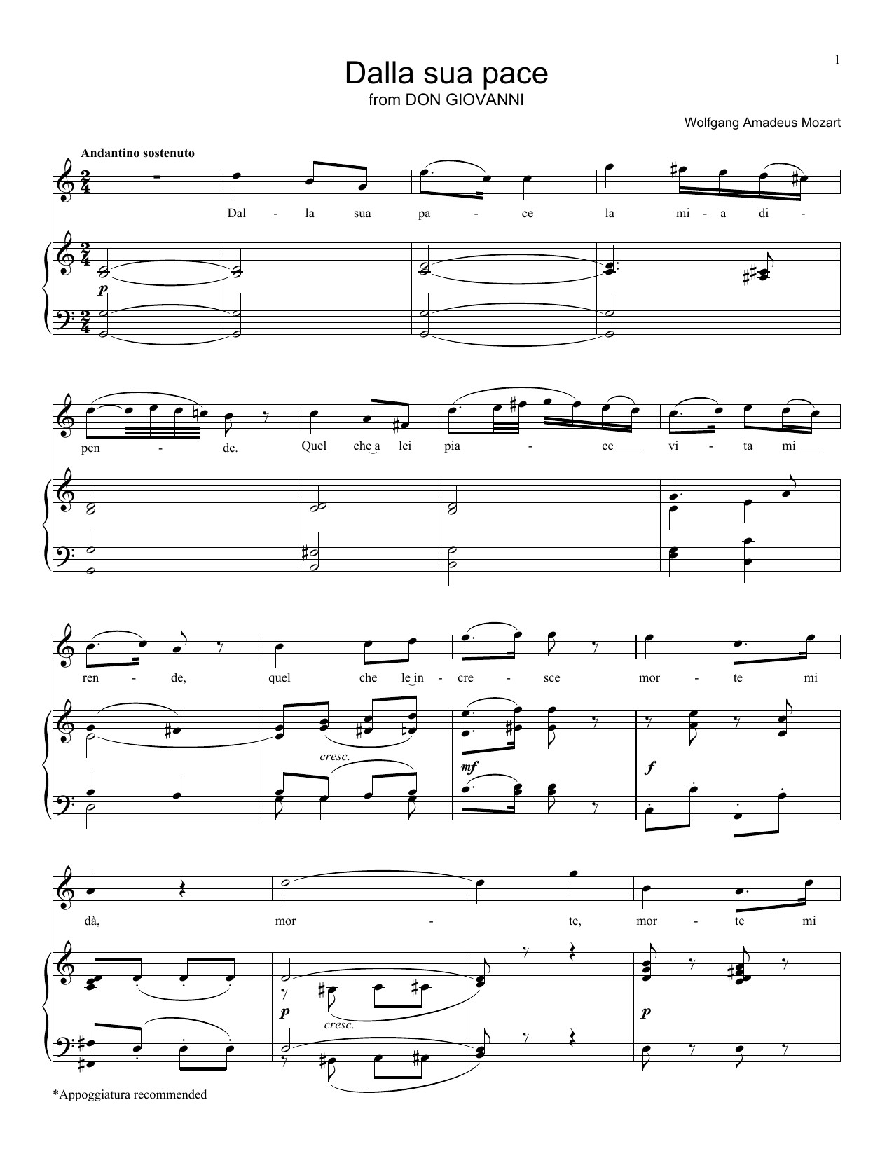 Wolfgang Amadeus Mozart Dalla Sua Pace Sheet Music Notes & Chords for Piano, Vocal & Guitar (Right-Hand Melody) - Download or Print PDF