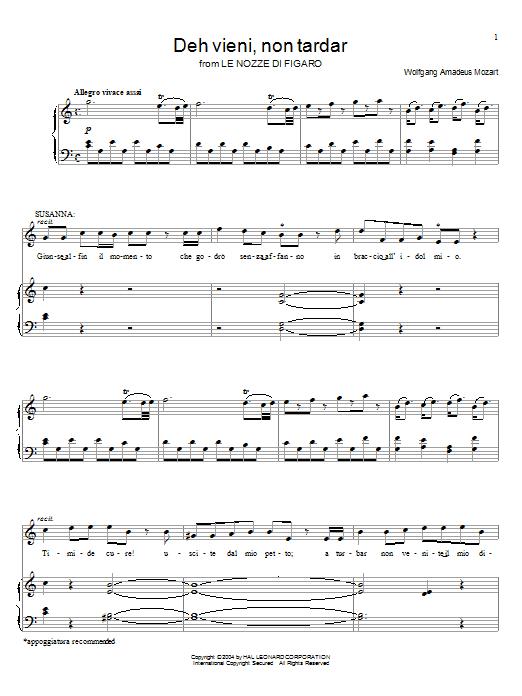 Wolfgang Amadeus Mozart Deh Vieni, Non Tardar from Le Nozze Di Figaro Sheet Music Notes & Chords for Piano, Vocal & Guitar (Right-Hand Melody) - Download or Print PDF