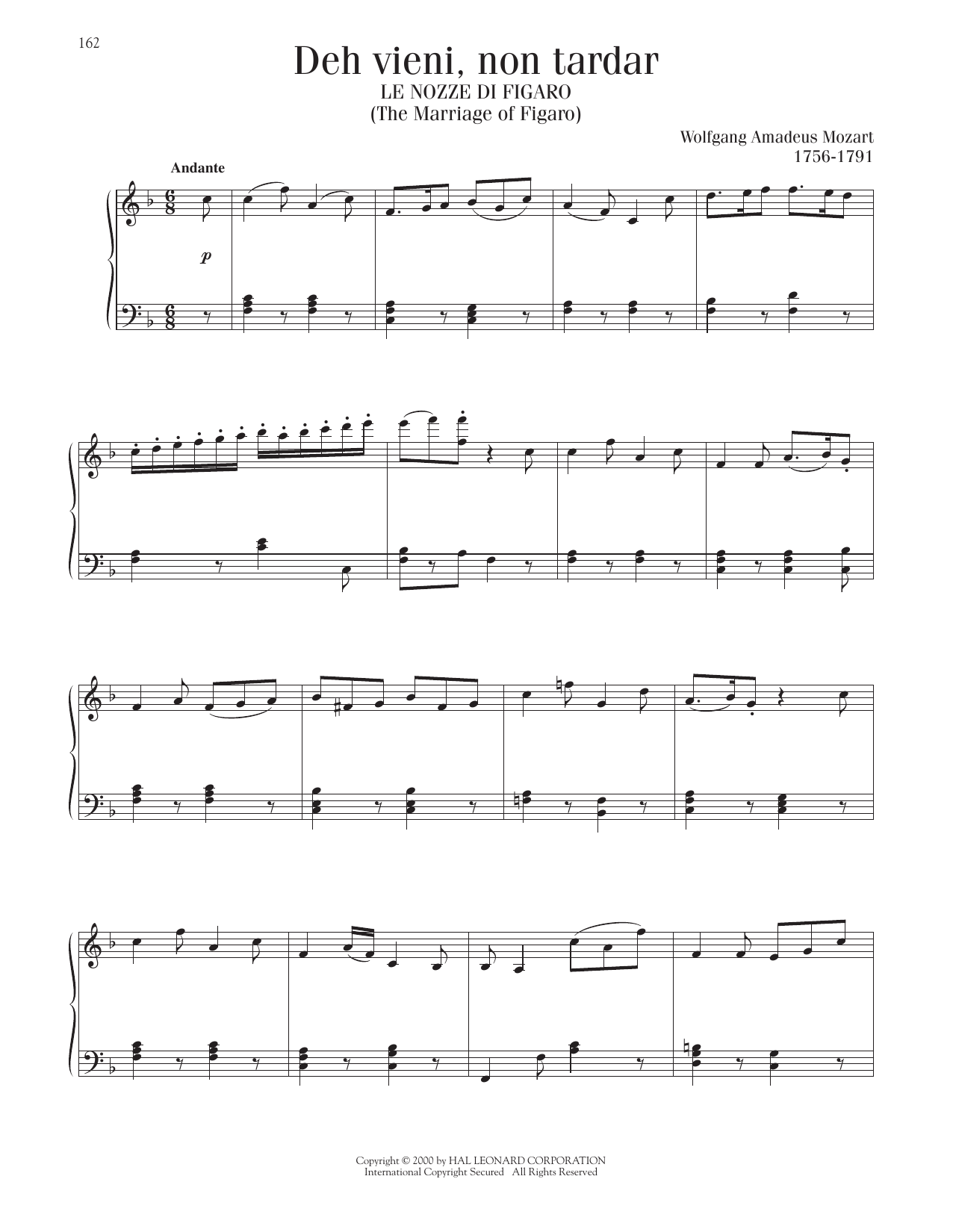 Wolfgang Amadeus Mozart Deh Vieni, Non Tardar (The Marriage Of Figaro) Sheet Music Notes & Chords for Piano Solo - Download or Print PDF