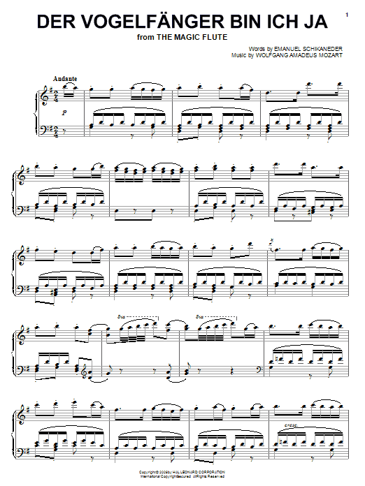 Wolfgang Amadeus Mozart Der Vogelfanger Bin Ich Ja Sheet Music Notes & Chords for Piano - Download or Print PDF