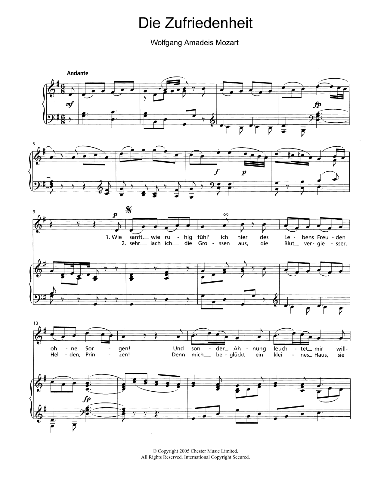 Wolfgang Amadeus Mozart Die Zufriedenheit K.473 Sheet Music Notes & Chords for Piano & Vocal - Download or Print PDF