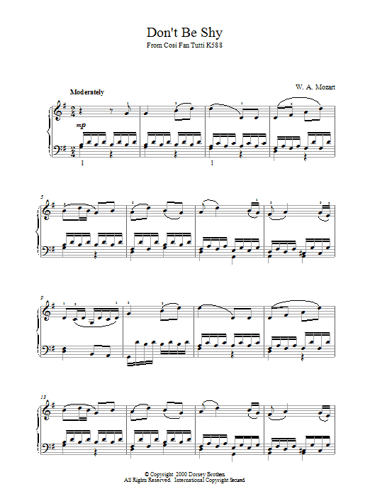 Wolfgang Amadeus Mozart Don't Be Shy From Cosi Fan Tutti K588 Sheet Music Notes & Chords for Piano - Download or Print PDF
