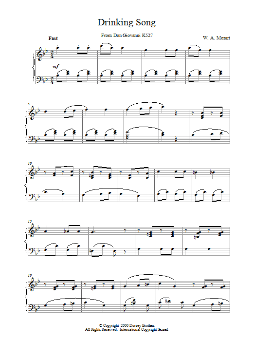 Wolfgang Amadeus Mozart Drinking Song From Don Giovanni K527 Sheet Music Notes & Chords for Piano - Download or Print PDF