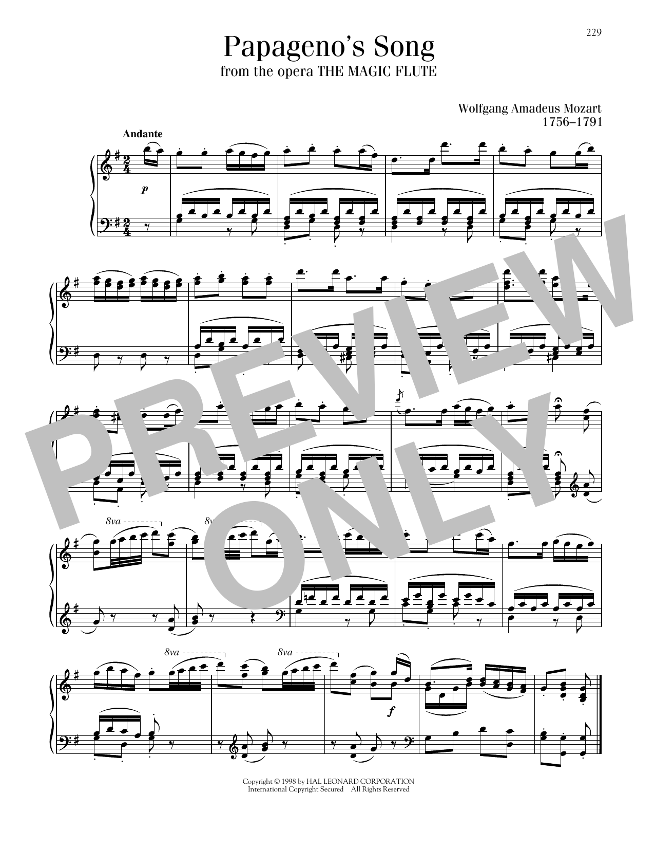 Wolfgang Amadeus Mozart Ein Madchen Oder Weibchen (Papageno's Song) Sheet Music Notes & Chords for Piano Solo - Download or Print PDF