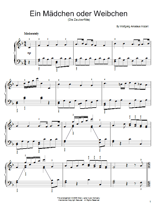 Wolfgang Amadeus Mozart Ein Mädchen oder Weibchen Sheet Music Notes & Chords for Piano Duet - Download or Print PDF