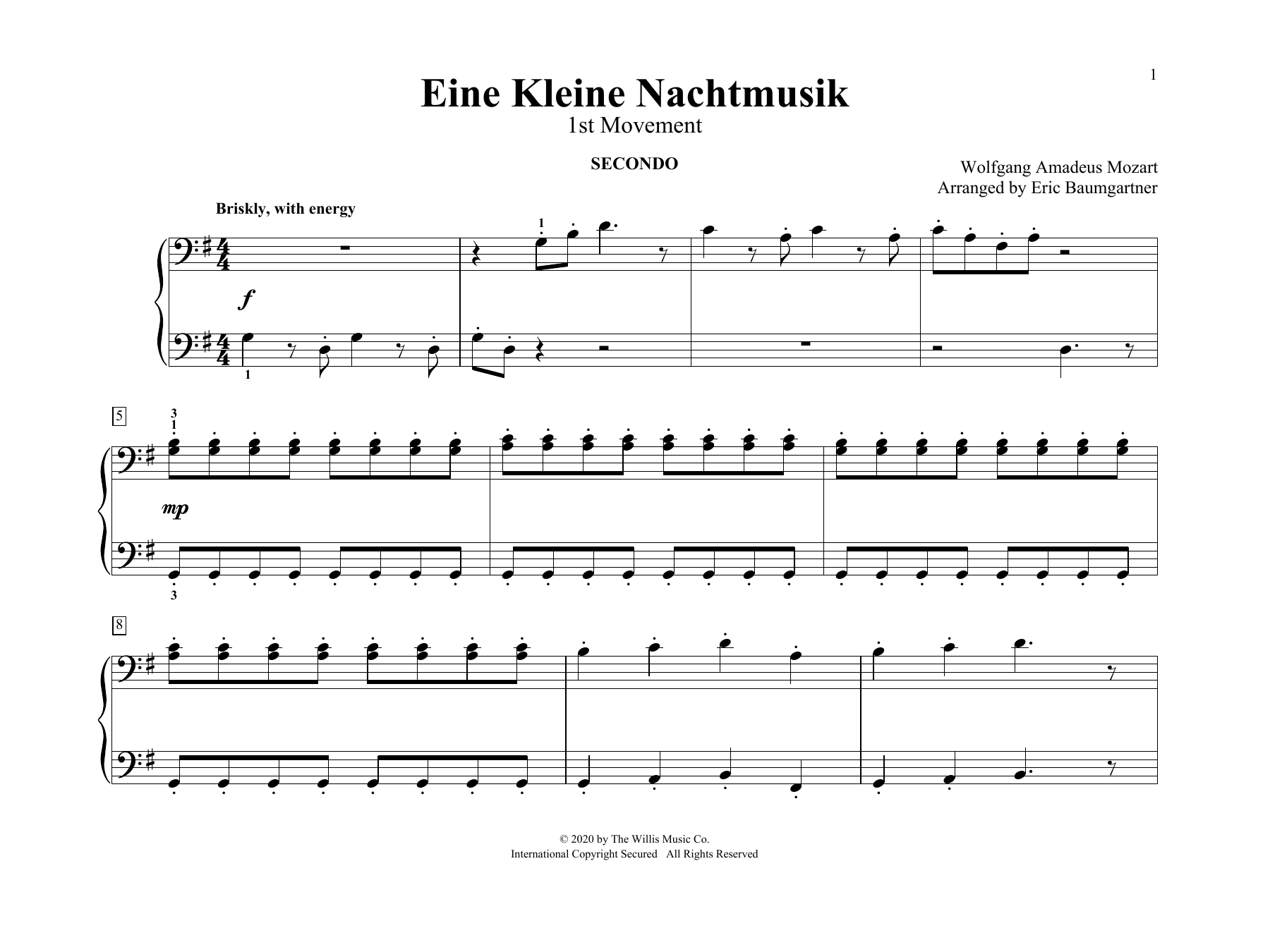 Wolfgang Amadeus Mozart Eine Kleine Nachtmusik (1st Movement) (arr. Eric Baumgartner) Sheet Music Notes & Chords for Piano Duet - Download or Print PDF