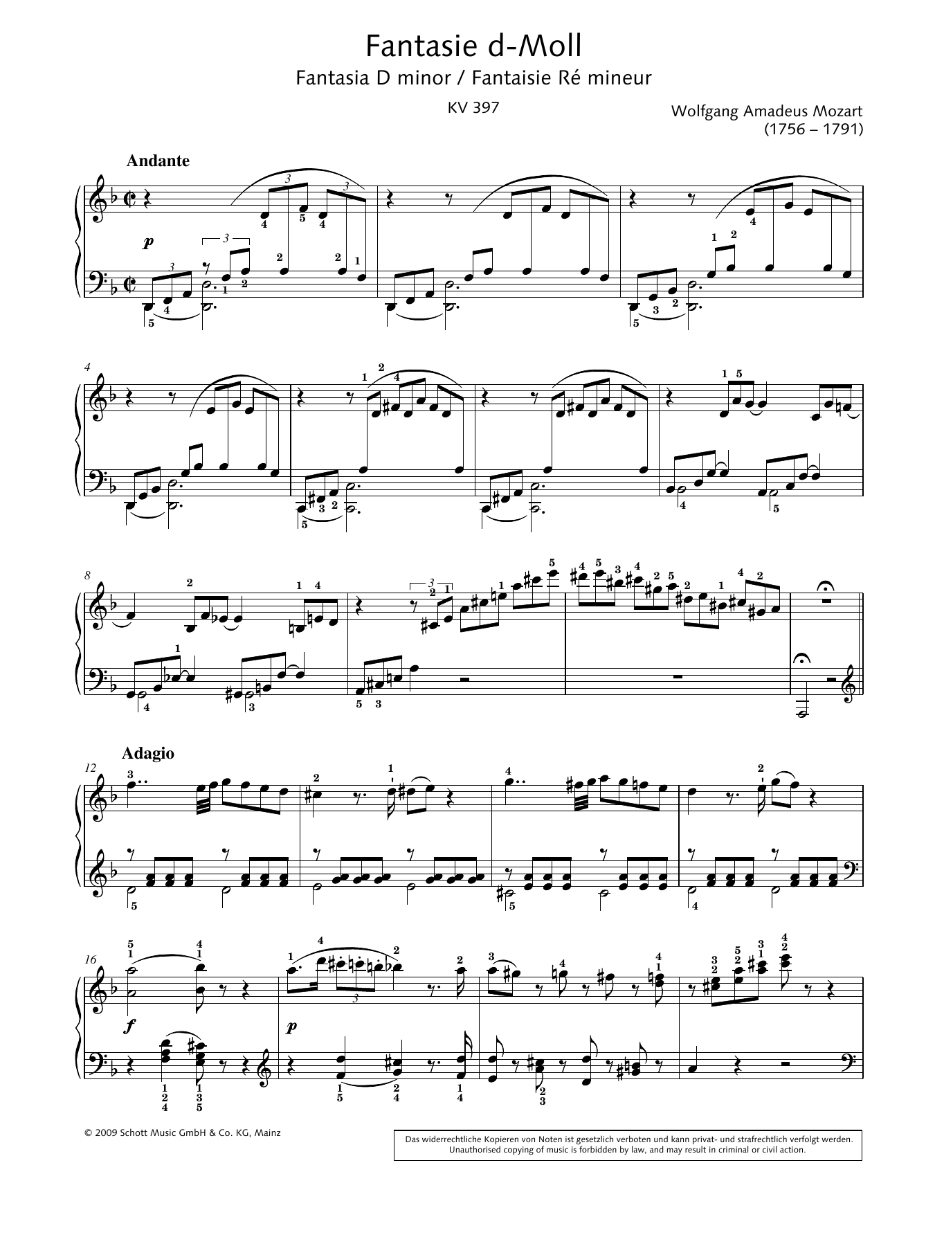 Wolfgang Amadeus Mozart Fantasia in D minor Sheet Music Notes & Chords for Piano Solo - Download or Print PDF