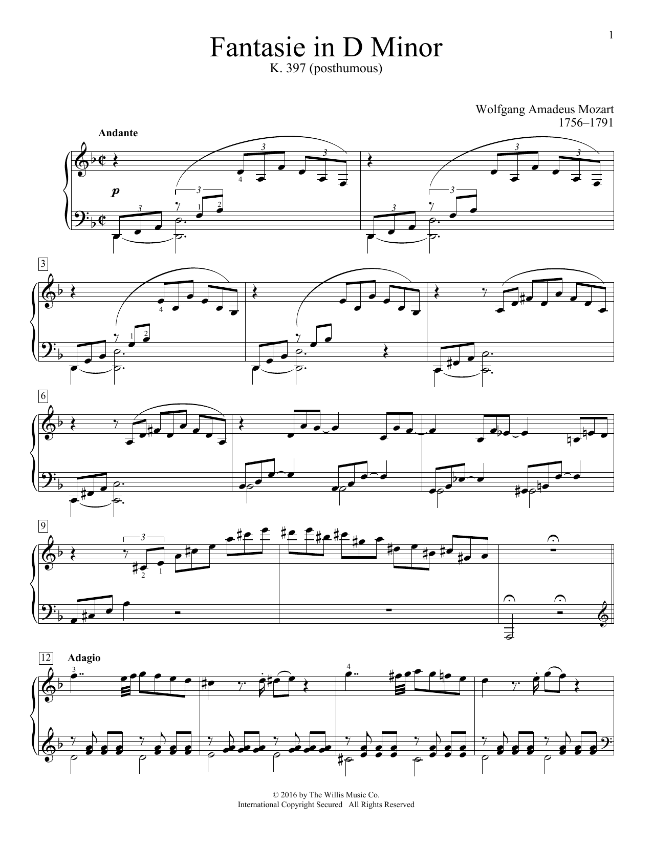Wolfgang Amadeus Mozart Fantasie In D Minor, K. 397 Sheet Music Notes & Chords for Educational Piano - Download or Print PDF