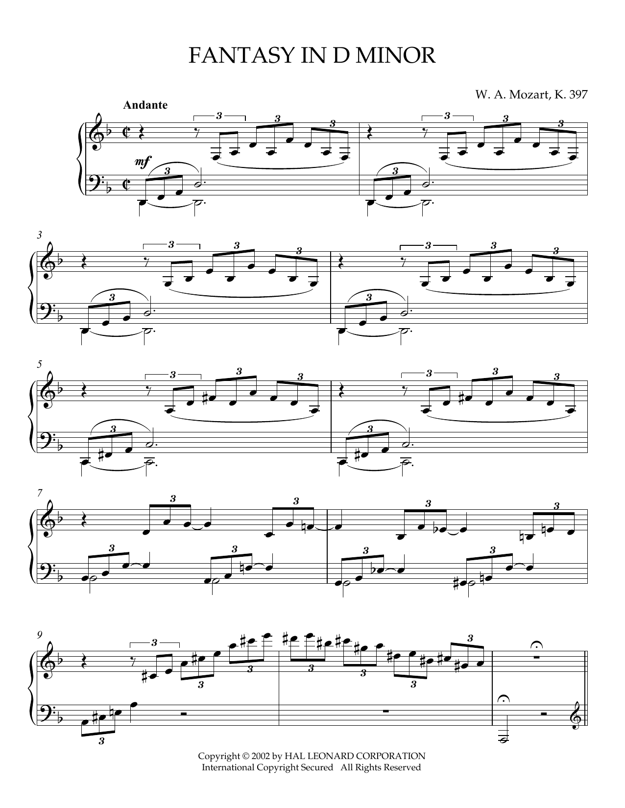 Wolfgang Amadeus Mozart Fantasy in D Minor, K. 397 Sheet Music Notes & Chords for Piano - Download or Print PDF