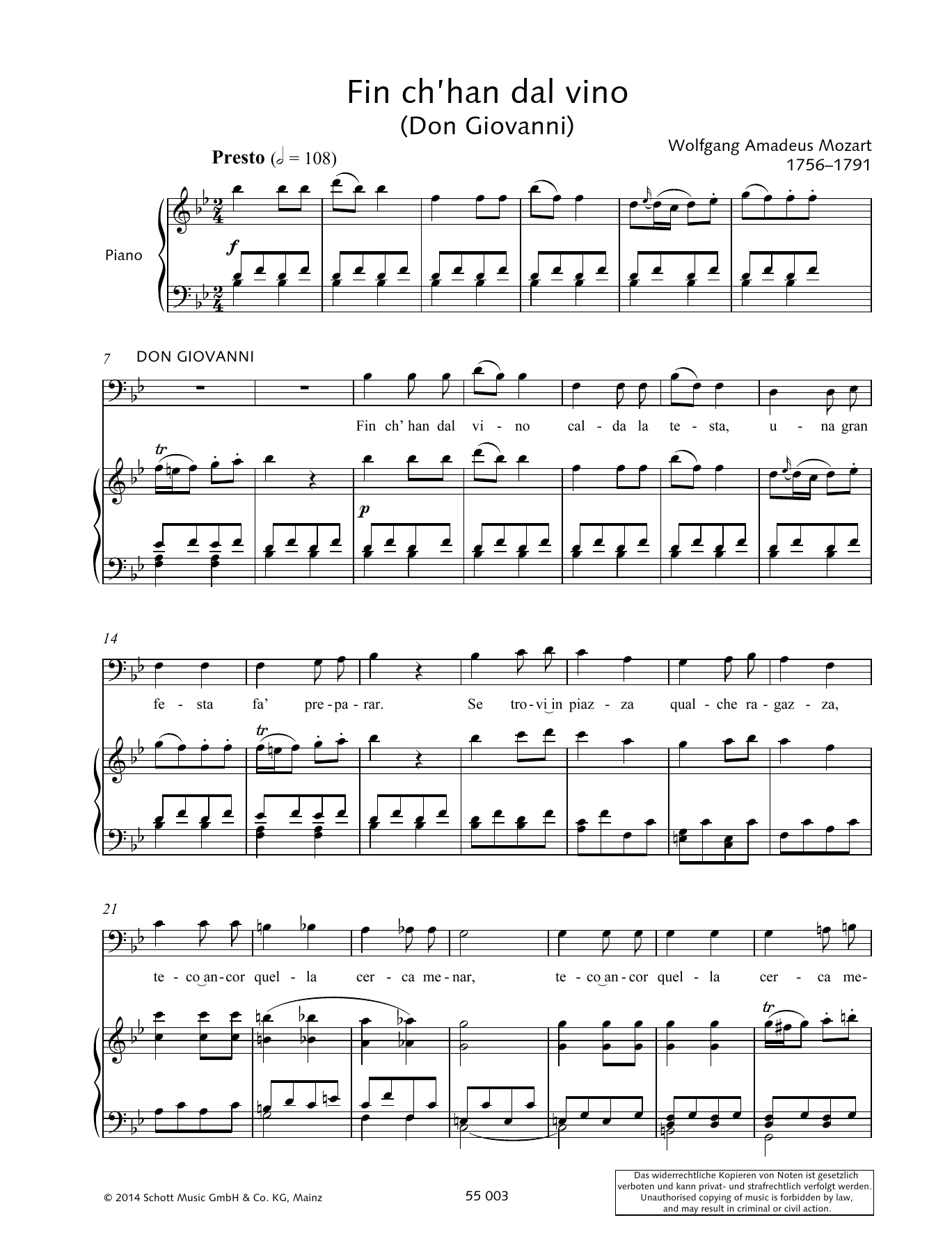 Wolfgang Amadeus Mozart Fin ch'han dal vino Sheet Music Notes & Chords for Piano & Vocal - Download or Print PDF Wolfgang Amadeus Mozart Fin ch'han dal vino Sheet Music Notes & Chords for Piano & Vocal - Download or Print PDF