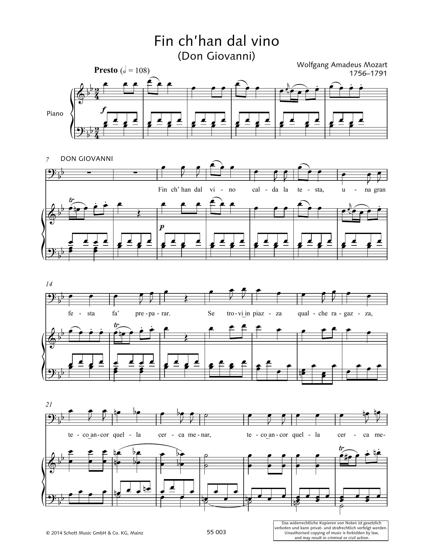 Wolfgang Amadeus Mozart Fin ch'han dal vino Sheet Music Notes & Chords for Piano & Vocal - Download or Print PDF