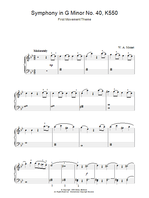 Wolfgang Amadeus Mozart First Movement Theme from Symphony in G Minor No.40 K550 Sheet Music Notes & Chords for Piano - Download or Print PDF